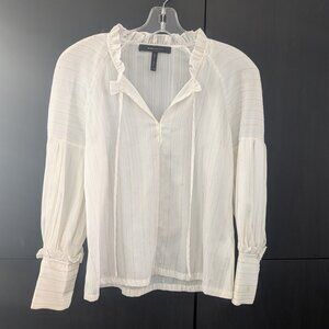 BCBGMAXAZRIA Metallic Stripe Sheer Ivory Top w Ruffle Collar & Sleeve Size XXS
